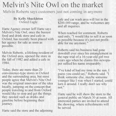 clipping of newspaper article on Melvin's store being put up for sale